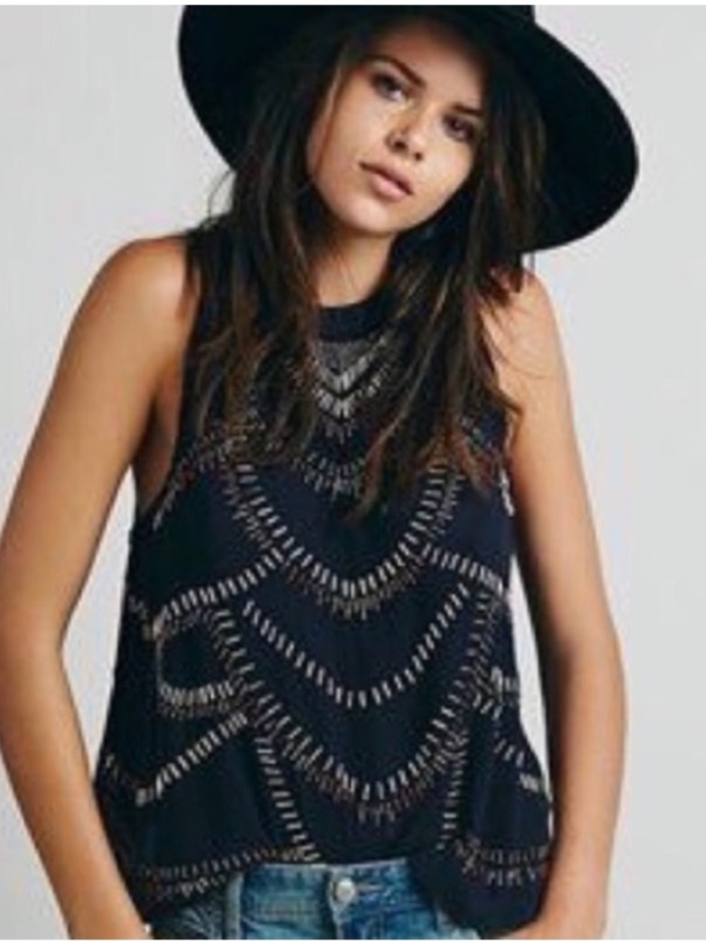 Sleeveless navy Crochet-bead Tank Top